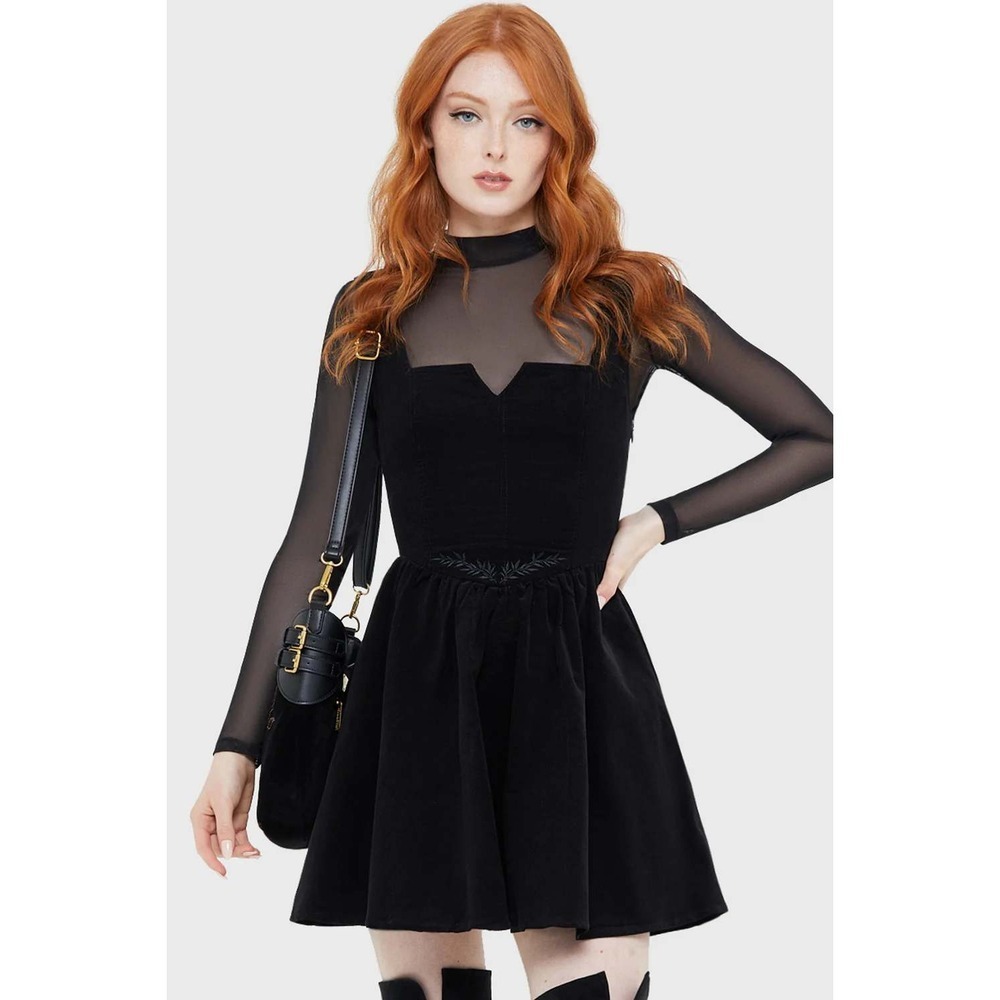 Killstar Elderroot Mini Dress Black Corduroy Embroidered Goth Skaters L